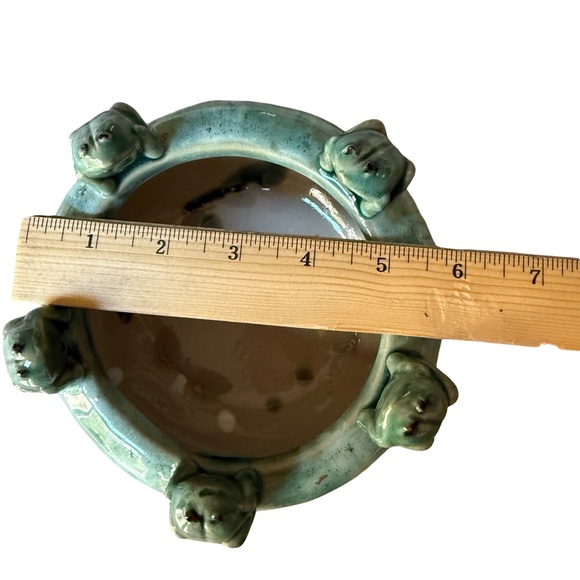 Majolica Style Round Pottery Planter 5 Frogs Bowl Turquoise Brown Drip Glaze - Picture 6 of 7